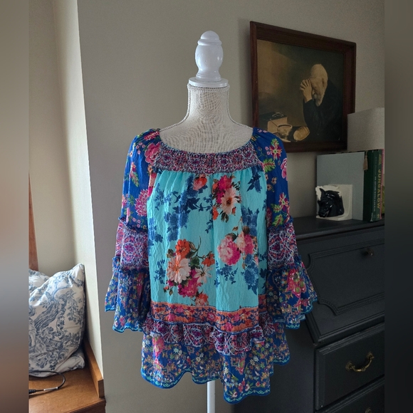 John Mark Tops - John Mark Size M Blue Pink Floral Bohemian Ruffle Top